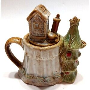 Christmas Tea Kettle Tree Cabin Coffee Cup Candle 5 Inch Tall X 5 Inch Wide FLAW